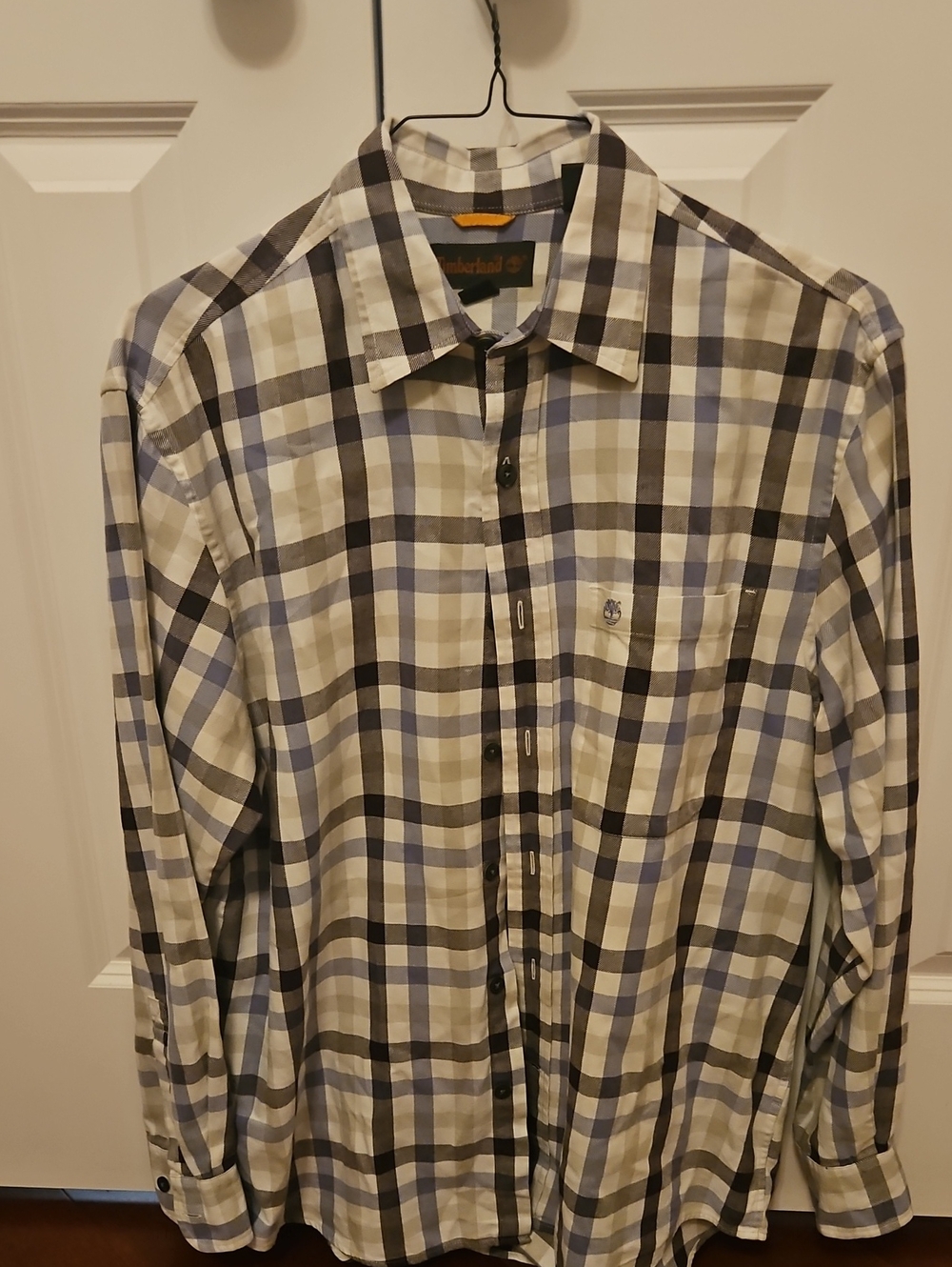 Timberland Men's White, Blue and Black Plaid Button-Down Shirt